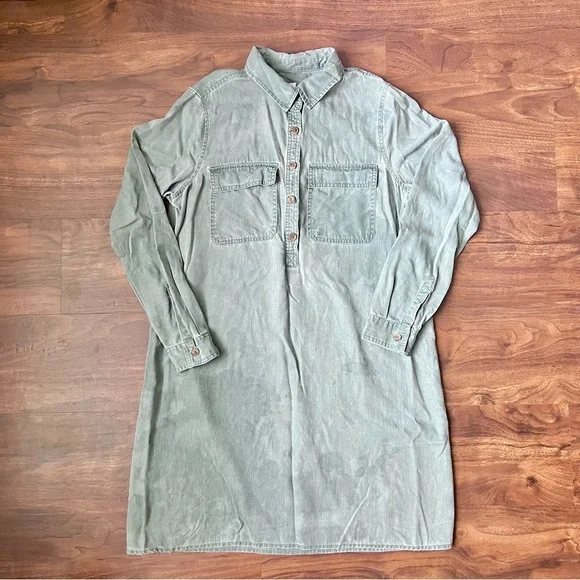 GAP Green Lyocell Long Sleeve Button Front Shirt Dress Pockets Womens Size  M